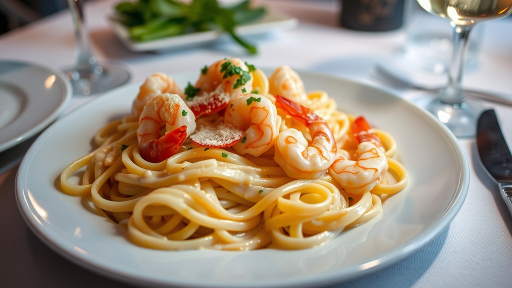 Creamy Shrimp Alfredo Pasta Recipe A delicious serving of Shrimp Alfredo Pasta with fettuccine, shrimp, and creamy sauce garnished with parsley and Parmesan.